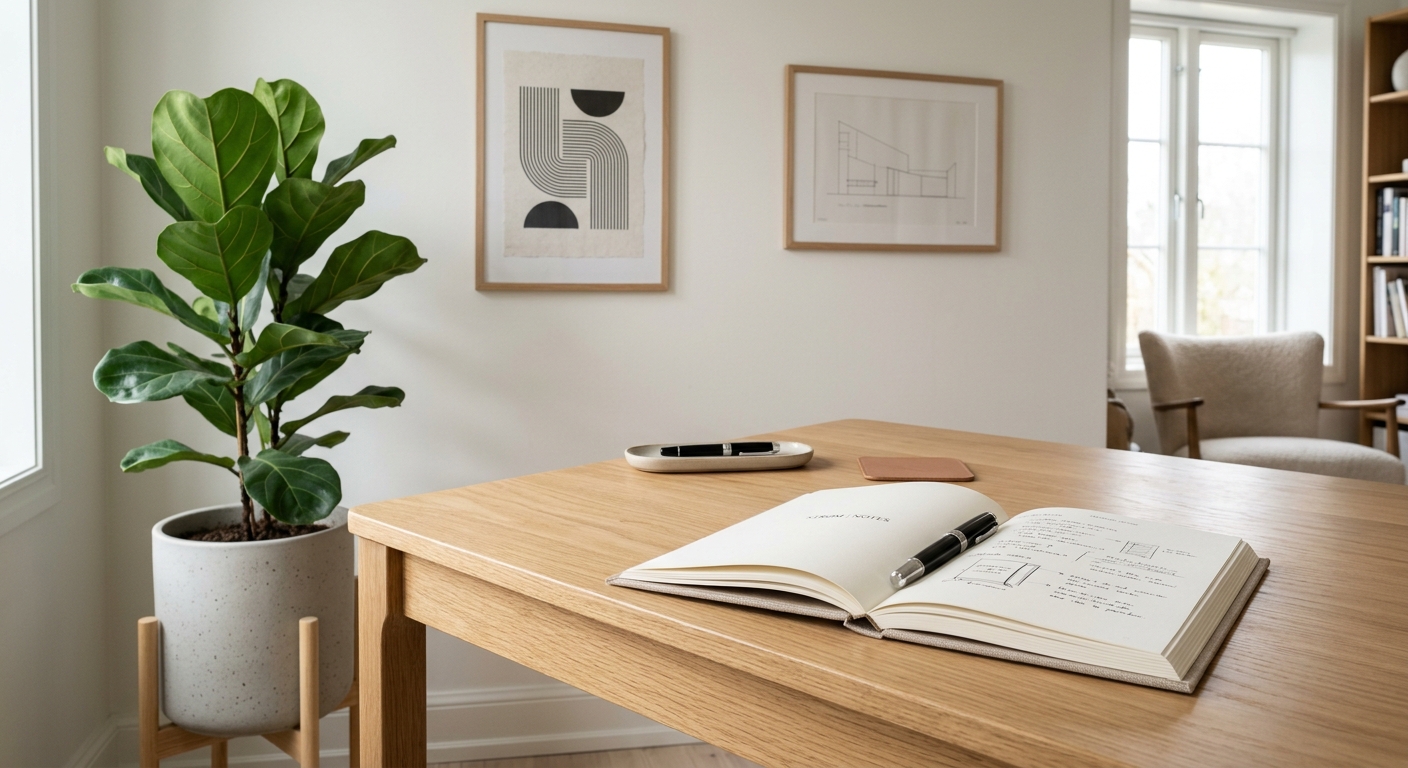 Nordisk kontorbord med plante og bog
